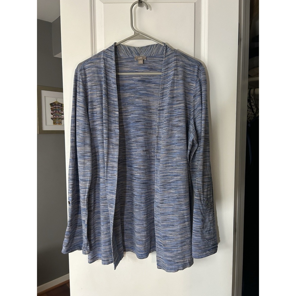 J. Jill Open Front Cardigan Sweater Blue Cotton Roll Tab Sleeve Size Large